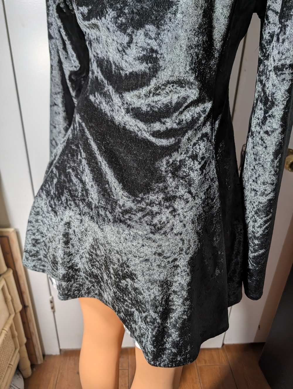 Diego 2 Crushed Velvet Long-Sleeve Fit & Flare Dress - Slate Gray Size L - Picture 2 of 8